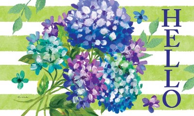 18" x 30" "Hello" Hydrangeas with Green Stripes Doormat