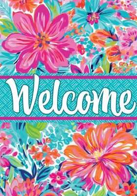 18" x 13" "Welcome" Pink and Orange Flowers Mini Garden Flag