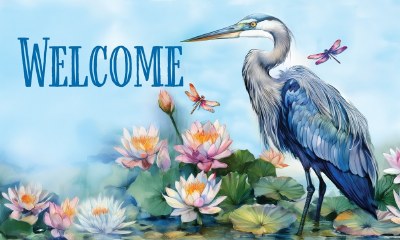18" x 30" Blue Heron with Water Lilies "Welcome" Doormat