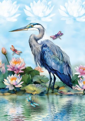 18" x 13" Blue Heron with Water Lillies Mini Garden Flag