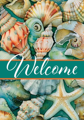 18" x 13" " Welcome" Teal Seashells Mini Garden Flag