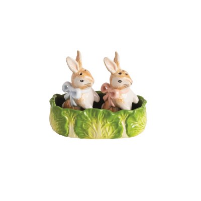 3" Brown Bunny Ceramic Salt & Pepper Shakers with Cabbage Tray by Mud Pie