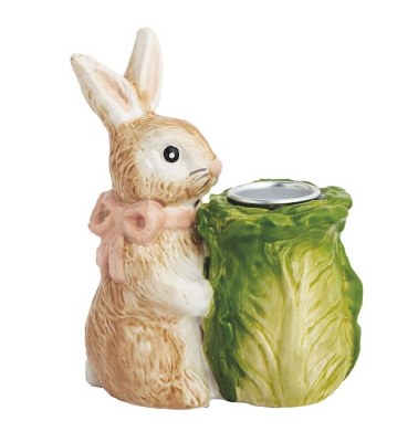 4" Brown Bunny with Green Cabbage Ceramic Taper Holder by Mud Pie