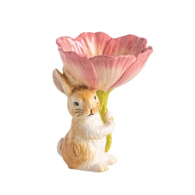 6.5" Brown Bunny with Pink Flower Ceramic Candy Dish by Mud Pie