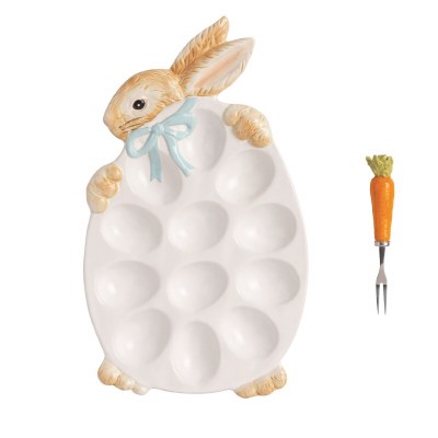 14" Brown Bunny Ceramic Egg Tray with Fork by Mud Pie