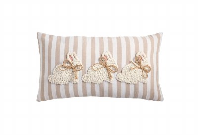 11" x 22" Three White Bunnies on Stripes Embroidered Pillow by Mud Pie
