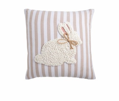 18" Sq White Bunny on Stripes Embroidered Pillow by Mud Pie