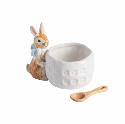4" Blue Bow Bunny Ceramic Bowl with Spoon by Mud Pie