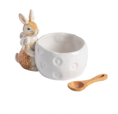 4" White Bow Bunny Ceramic Bowl with Spoon by Mud Pie