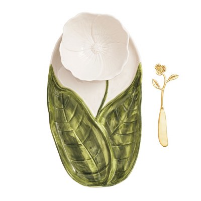 12" White Flower Ceramic Tray with Bowl and Spreader by Mud Pie
