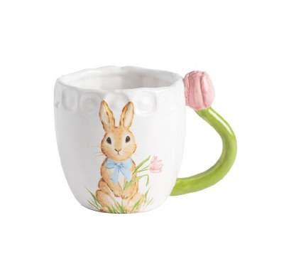15 Oz Pink Flower Handle Ceramic Bunny Mug by Mud Pie