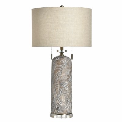 32" Taupe and White Tropical Leaves Double Pull Table Lamp
