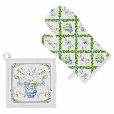 White Bunny Grid Oven Mitt and Potholder Set