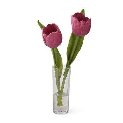 8" Faux Fuschia Tulips In Glass Vase