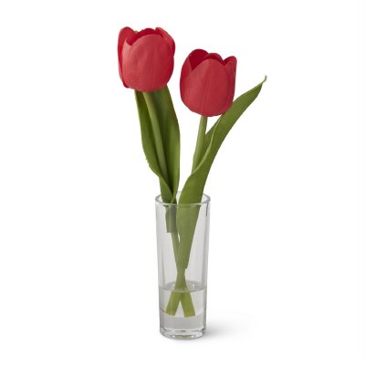 8" Faux Red Tulips In Glass Vase