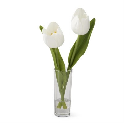 8" Faux White Tulips In Glass Vase