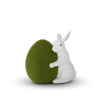 7"  White Polyresin Bunny Hugging Moss Egg Figurine