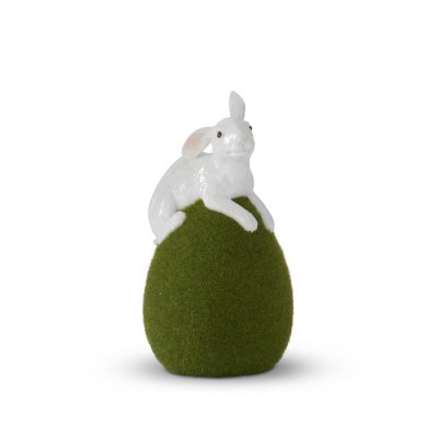 7"  White Polyresin Bunny On Moss Egg Figurine