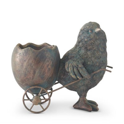 4.5" Verdigris Chick Pulling Egg Cart Polyresin Figurine