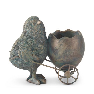 4.5" Verdigris Chick Pushing Egg Cart Polyresin Figurine
