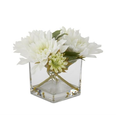 8" Faux White Dahlias in Square Glass Vase