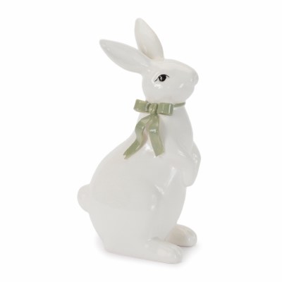 9" Ceramic White Bunny With Green Bow