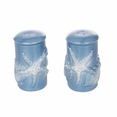 3.5" Blue and White Starfish and Shells Ceramic Salt & Pepper Shakers