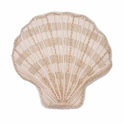 14" Natural Scallop Shaped Beaded Decorative Coastal Pillow