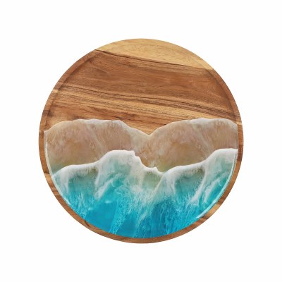 16" Round Resin Ocean Wave on Wood Lazy Susan