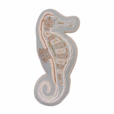 16" Blue and Beige Beaded Seahorse Shaped Decorative Coastal Pillow