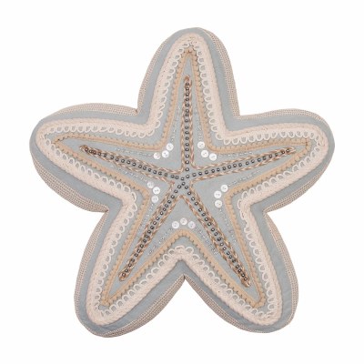 15" Blue and Beige Beaded Starfish Shaped Decorative Coastal Pillow