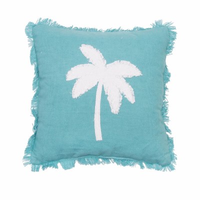 10" Sq White Palm on Aqua Decorative Pillow