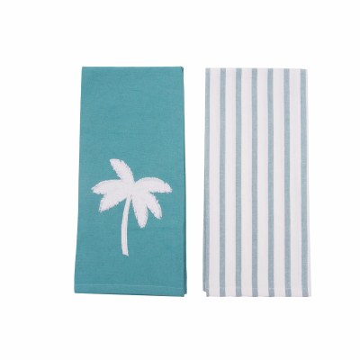 Set of Two 27" x 18" White Palm on Aqua Kitchen Towel