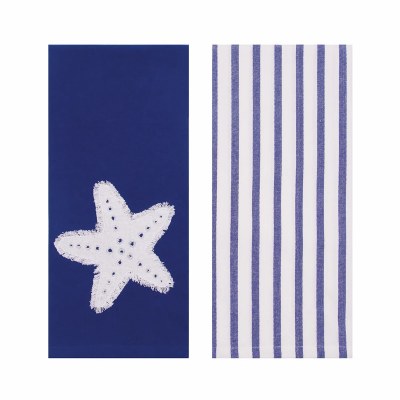Set of Two 27" x 18" White Starfish on Navy Kitchen Towel