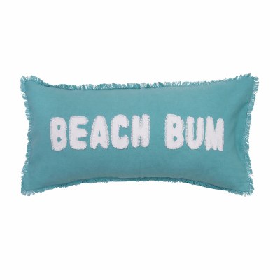 12" x 24" Aqua "Beach Bum" Fringe Edge Decorative Coastal Pillow
