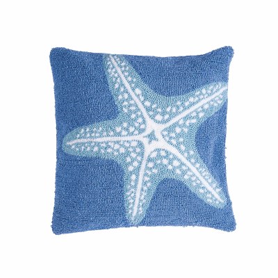 18" Sq Blue Starfish Hooked Decorative Coastal Pillow
