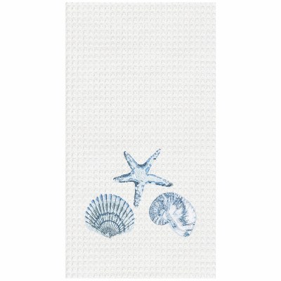 27" x 18" Blue Shells on White Waffle Weave Kitchen Towel