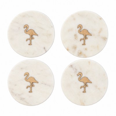 Set of Four 4" Round Flamingo Marble Coasters