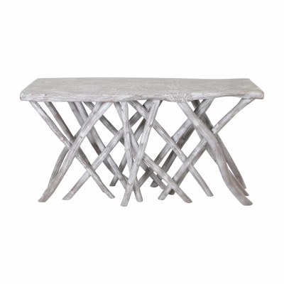 55" Whitewashed Teak Top Root Base Console Table