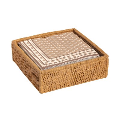 6" Sq Brown Resin Faux Woven Bevrage Napkin Holder With Napkins by Mud Pie
