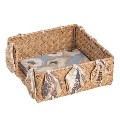 6" Sq Woven Oyster Beverage Napkin Holder With Napkins by Mud Pie