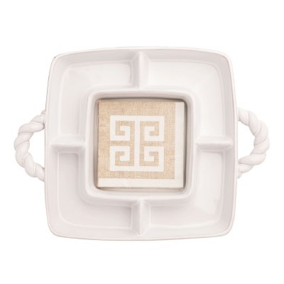 11" White Ceramic Five Compartment Twist Handle Tray With Napkins by Mud Pie