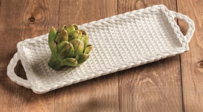 17" x 6" White Ceramic Braided Handle Tray by Mud Pie