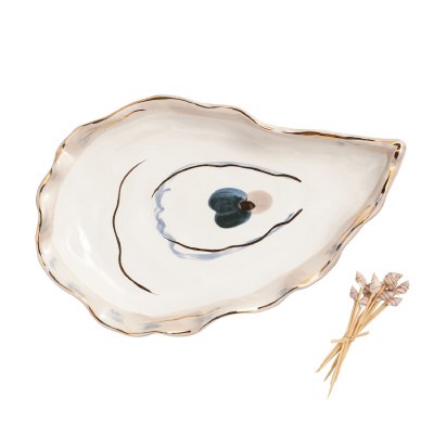 11" Ceramic Oyster Shape Tray With Shell Toothpicks by Mud Pie