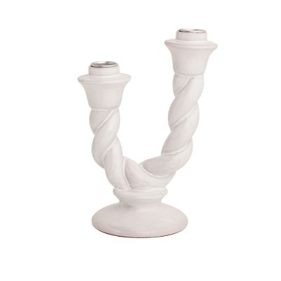 9" White Ceramic Twist Double Taper Candleholder by Mud Pie
