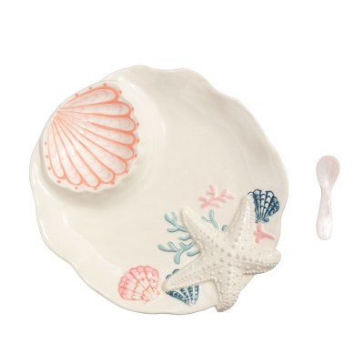 11" Multi Color Ceramic Shell Chip & Dip With Spoon by Mud Pie