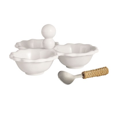 8" White Melamine 3 Compartment Dish With Spoon by Mud Pie