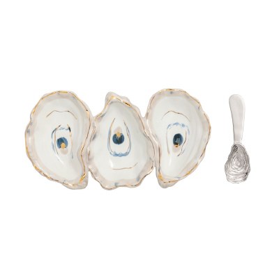 10" Ceramic Oyster Three Compatment Dish With Spreader by Mud Pie