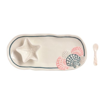 5" x 12" Multi Color Ceramic Shell Tray with Bowl and Spoon by Mud Pie