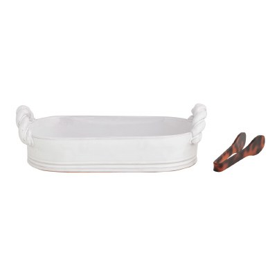 6" x 12" White Twist Handle Ceramic Bread Bowl with Tongs by Mud Pie